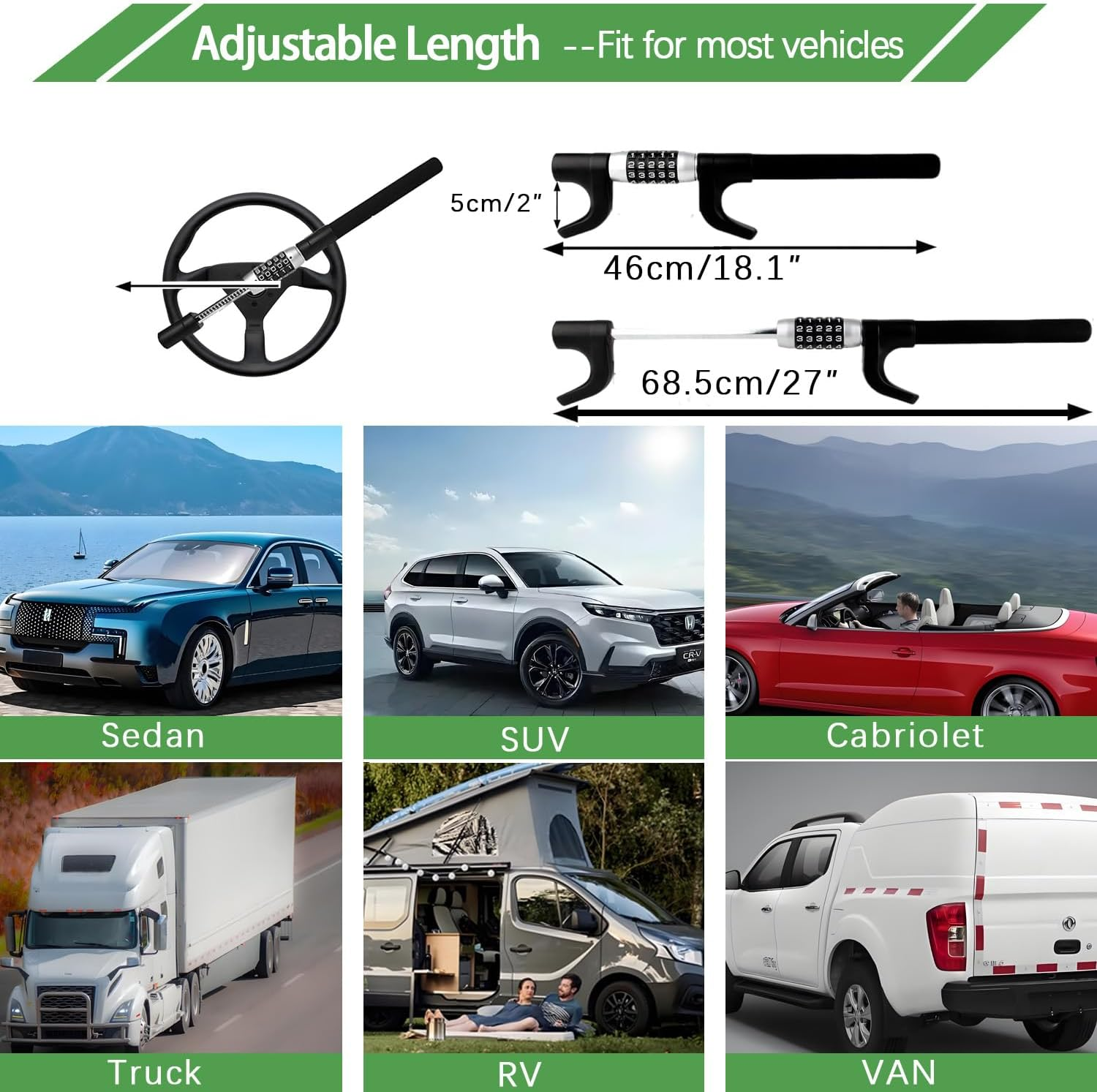 Steering Wheel Lock, Car Lock anti Theft Keyless Extendable Retractable Password 5 Coded Combination Lock, Heavy Duty Universal Fit image number 5
