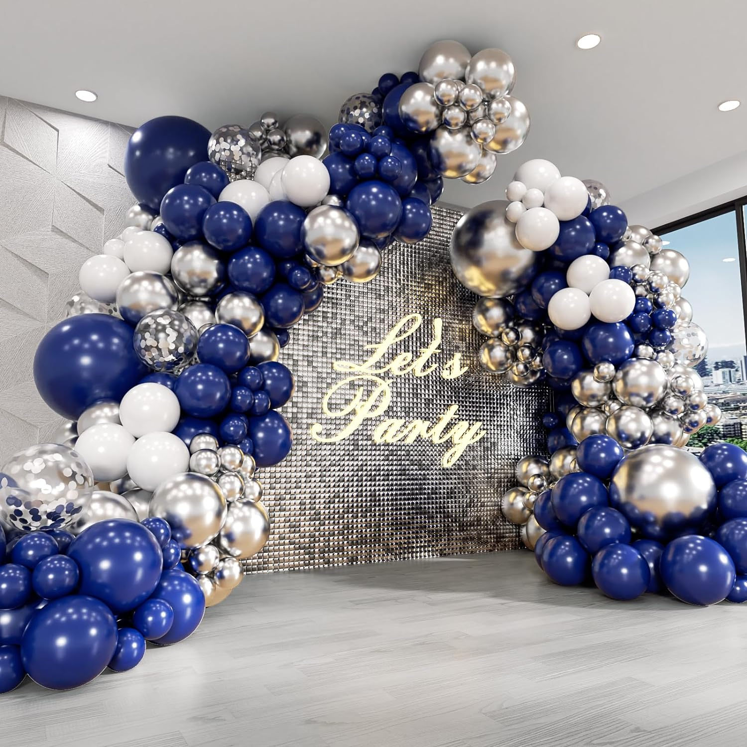 FOTIOMRG Navy Blue and Silver Balloon Garland Arch Kit, Royal Blue Metallic Silver White Balloons for Birthday Baby Shower Wedding Graduation Party Decorations image number 5