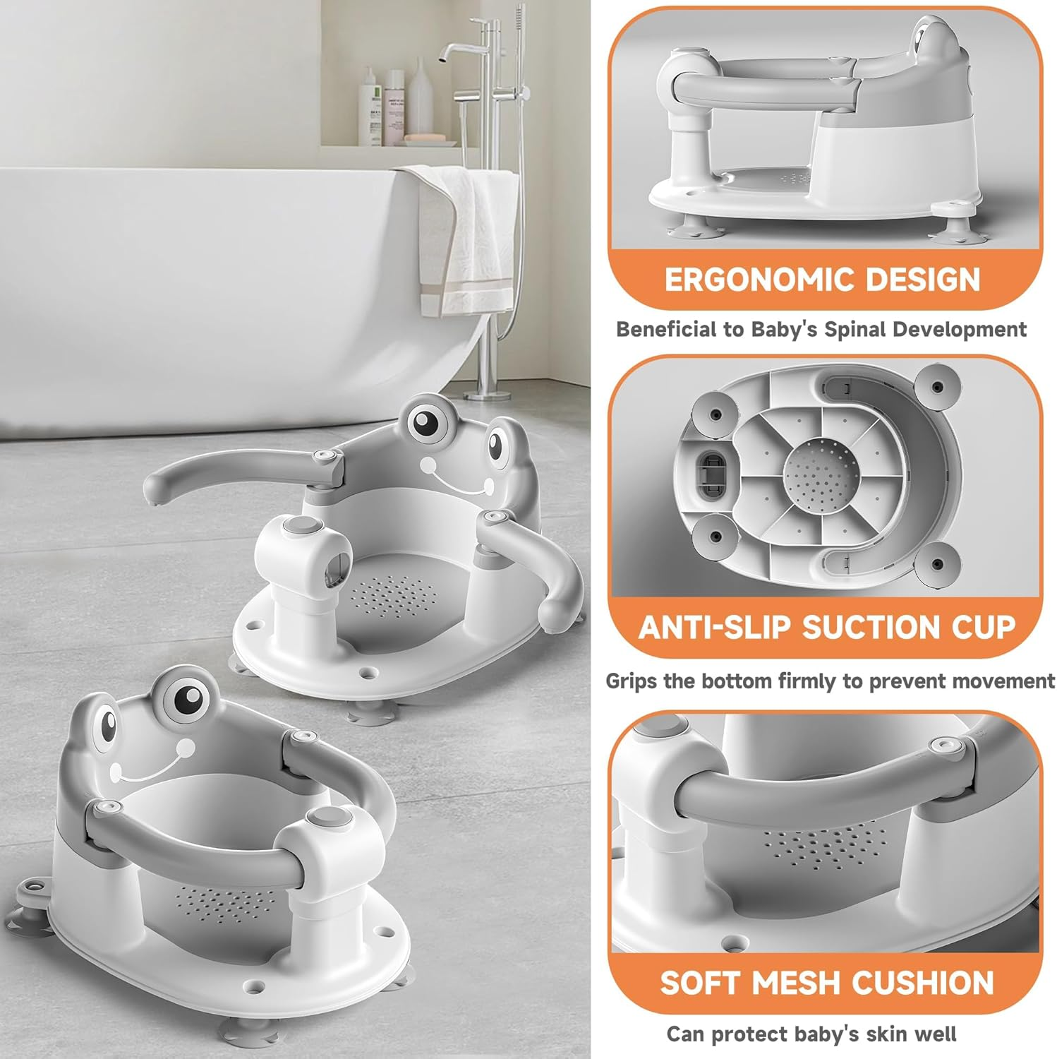 Baby Bath Seat with Safety Handle, Frog Design, 4 Anti-Slip Suction Cups, Ergonomic Support, for Babies 6-18 Months, Grey image number 4