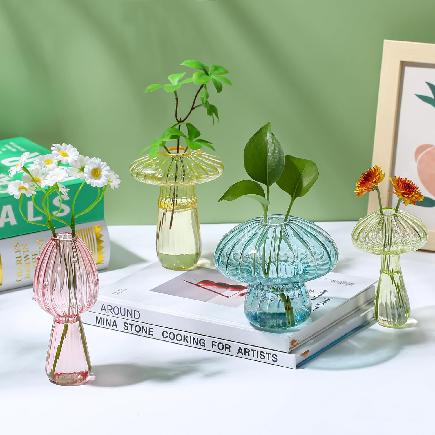 Plant Propagation Station, Set of 6 Colored Mushroom Vase, Propagation Stations, Small Plant Terrarium, Unique Crystal Mushroom Jars for Plants for Hydroponics Home Garden Office Decoration (Colorful) - Clear image number 5