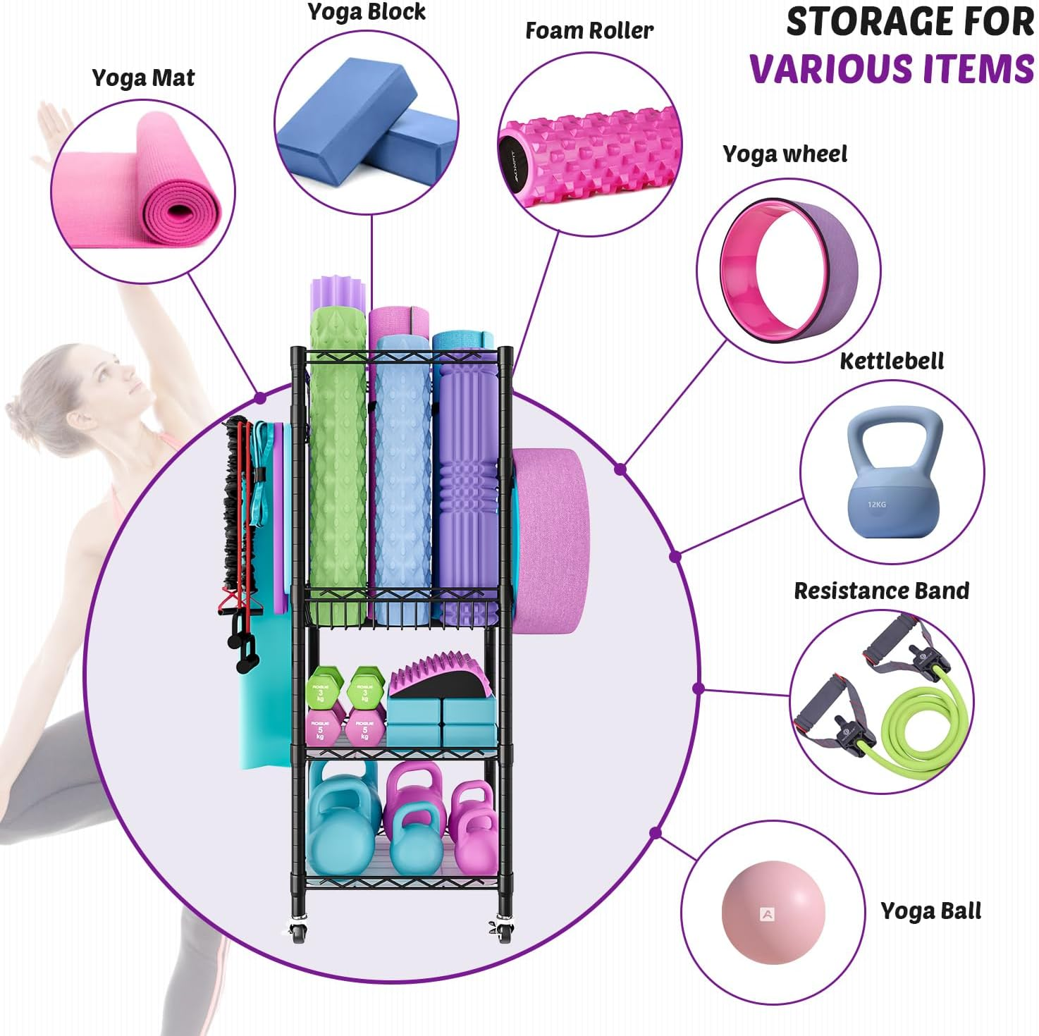Oscrobie Dumbbell Rack, Home Gym Storage, Yoga Mat Storage Rack, Gym Storage Rack with Wheels and Hooks for Small Space image number 3