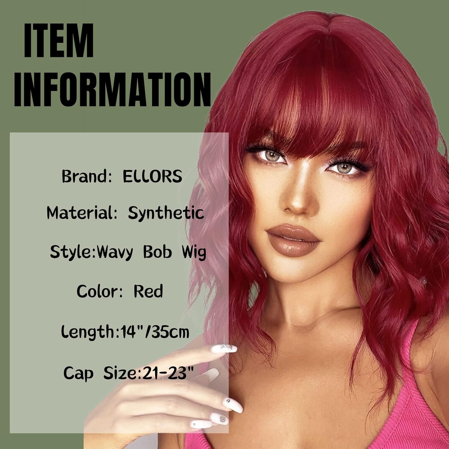 Red Bob Wig with Fringe, Short Curly Women'S Lolita Wigs, Synthetic Wig for Women, Daily Life, Anime Cosplay Costume, Party, Halloween, Carnival, 35 Cm