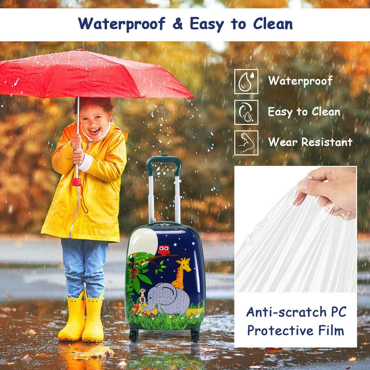 2PCS Kids Luggage Set Carry on with Spinner Wheels & Cute Elephant and Lion Pattern, Adjustable Trolley Rod Height & Backpack Shoulder Strap, Kids Luggage Set Made of ABS, Polycarbonate & Nylon Material image number 3