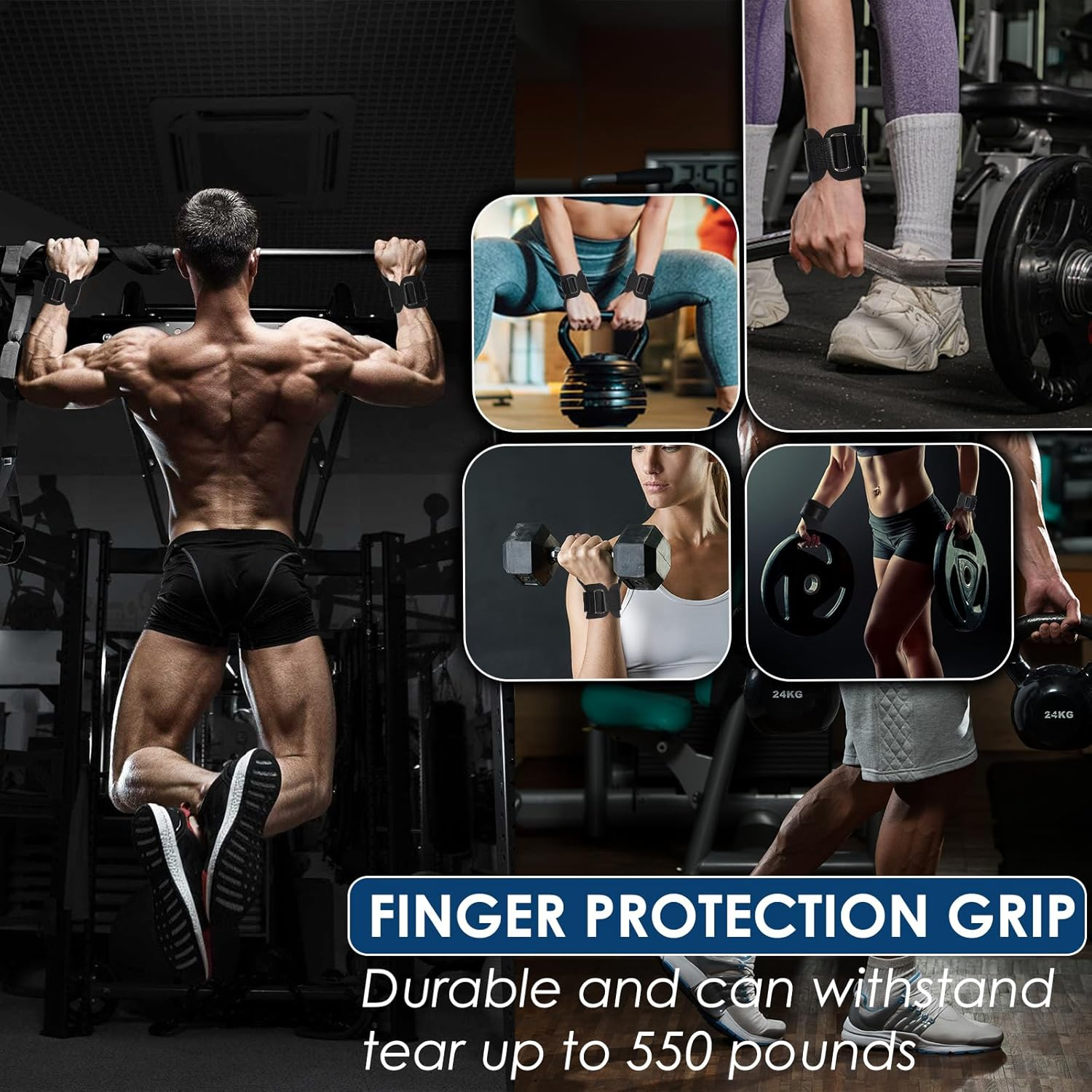 Simpeak Weight Lifting Wrist Strap Gymnastics Hand Grips, Double Leather Weight Lifting Gloves Women Men, Wrist Support Palm Hand Protection for Weightlifting, Cross Training, Pull Ups, Pair Black image number 3