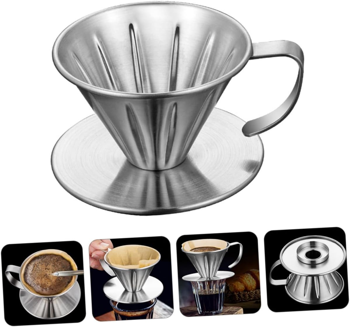 KONTONTY Stainless Steel Coffee Dripper Filter Funnel Handheld Tea Slag Funnel Reusable Coffee Strainer for Cups Brewing Easy to Clean Precision Filtering Tool image number 2