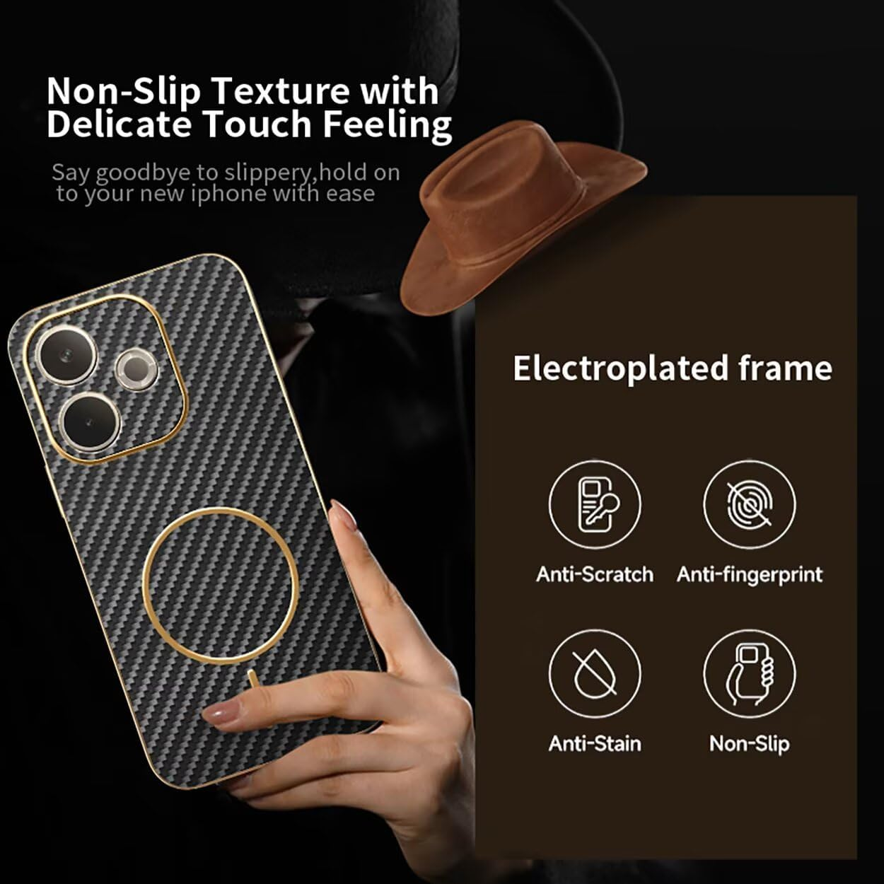 COMAKU Ultra-Thin Electroplating PU Leather + TPU Silicone Case for OPPO A5 Pro 5G/4G, Stylish Skin Texture Is Non-Slip and Shockproof Magnetic Phone Case Cover - Black