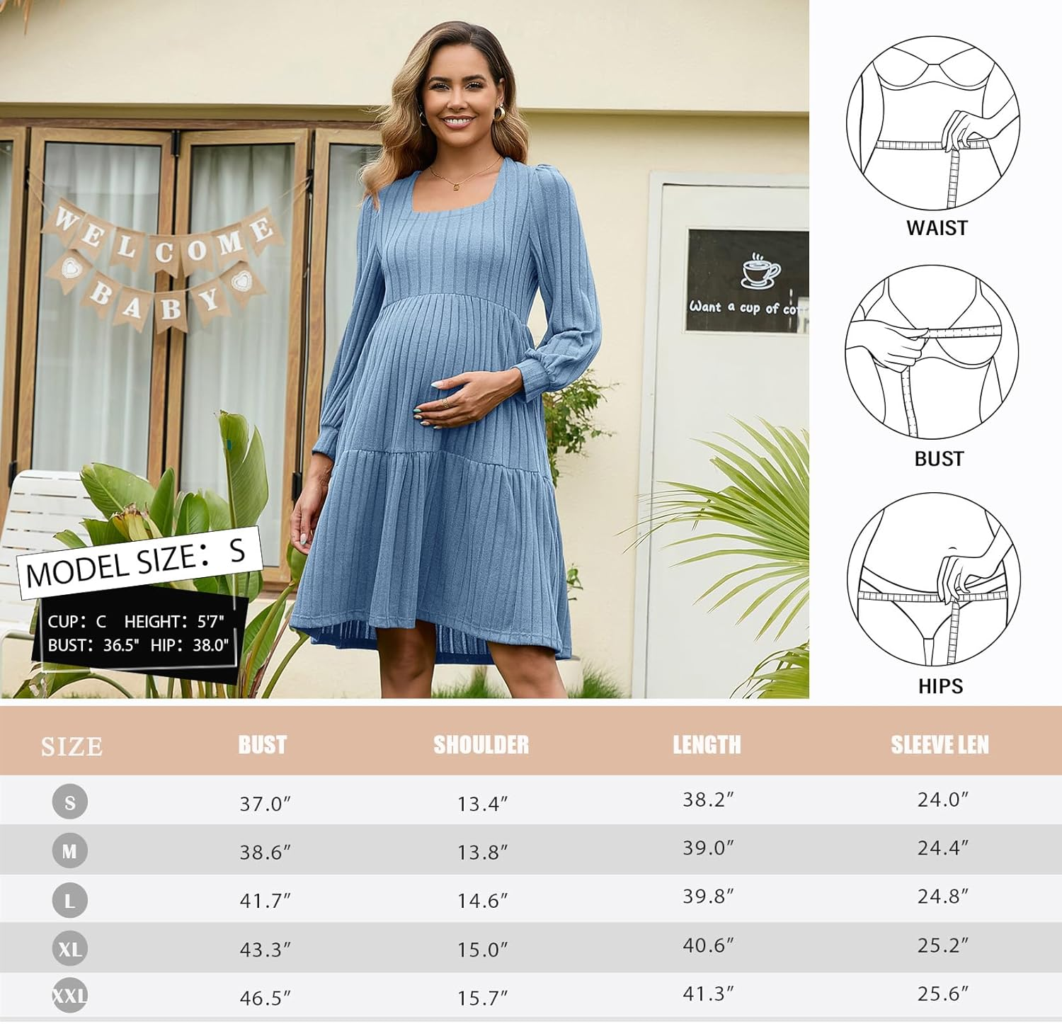 GINKANA Womens Maternity Sweater Dress Square Neck Long Sleeve Fall Casual Pregnancy Babydoll Knit Dresses with Pocket image number 5