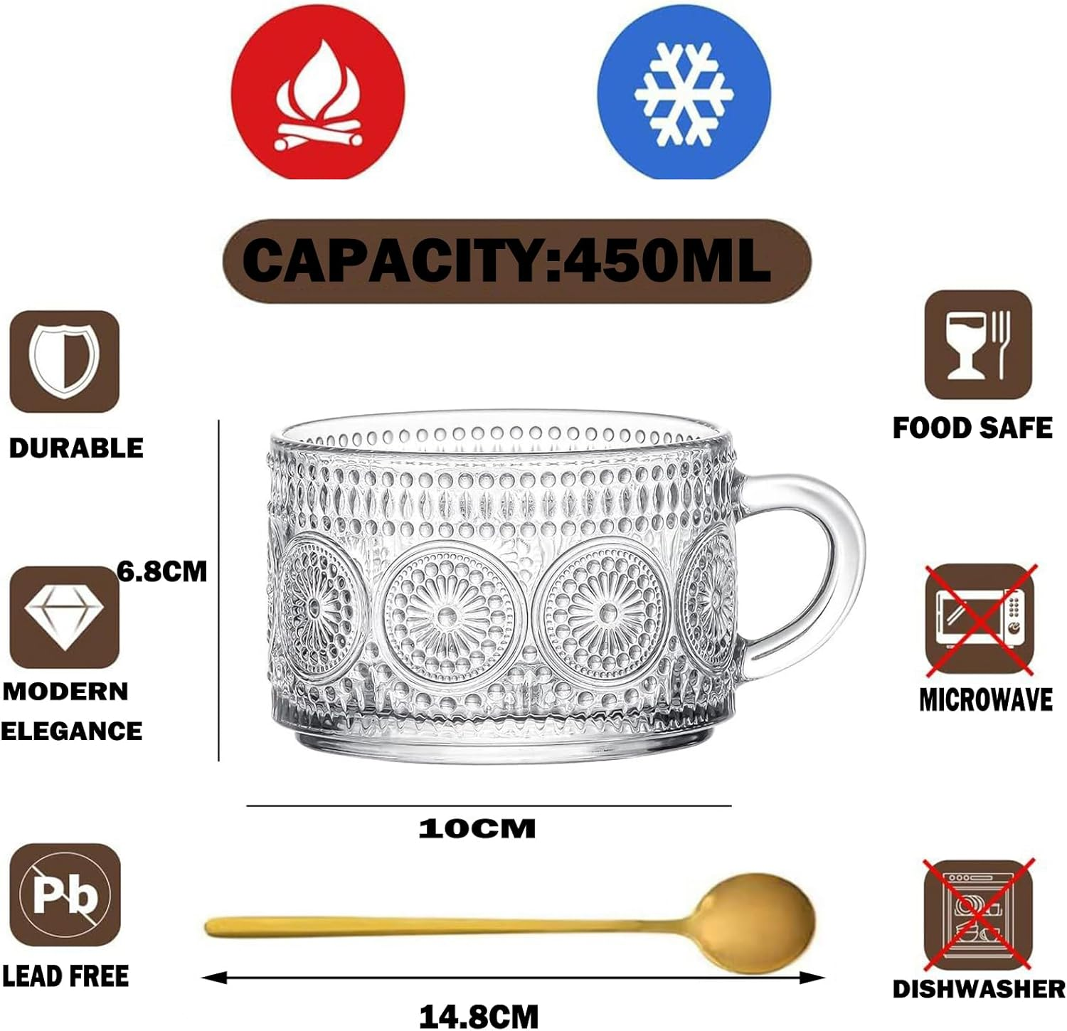 4 Pcs Vintage Coffee Mugs - 450ML Clear Glass Tea Cups with Lids and Spoons - Ideal Iced Coffee Cups for Housewarming Gifts & Coffee Bar Accessories image number 6