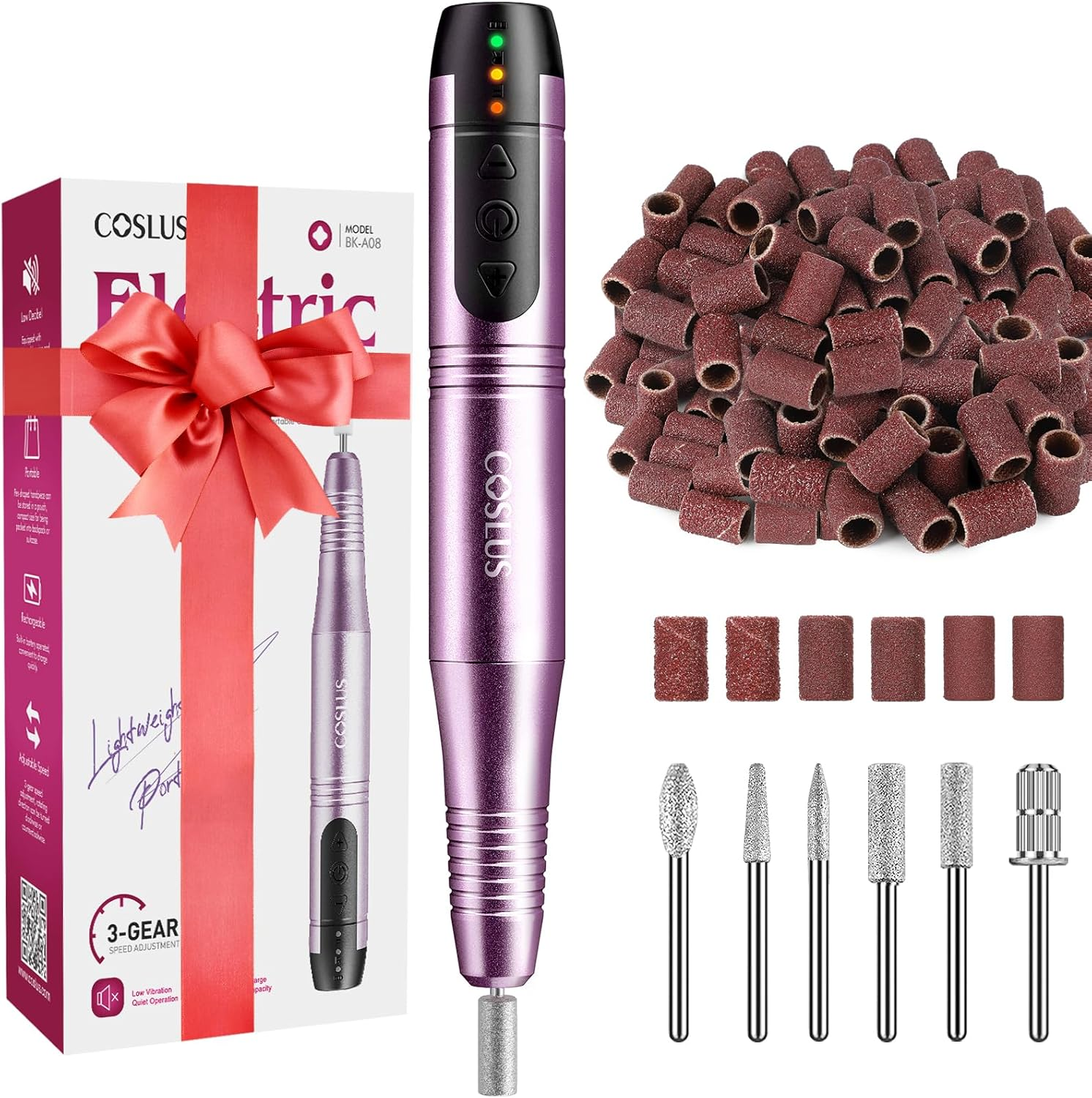 COSLUS Cordless Portable Electric Nail File: Professional Rechargeable Nail Drill Kit for Acrylic Gel Dip Powder Nails, Lightweight Ideal for Home Salons & Manicure Pedicure, Purple