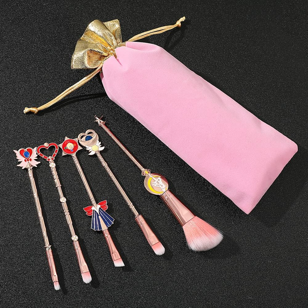 Rongji Jewelry Kawaii Sailormoon Makeup Brushes - 8Pcs Anime Magic Wand Brush Set with Pink Pouch, Professional Foundation Powder Flat Eyeline Blush Kit for Girl Women Fans (Pink 5Pcs) image number 1