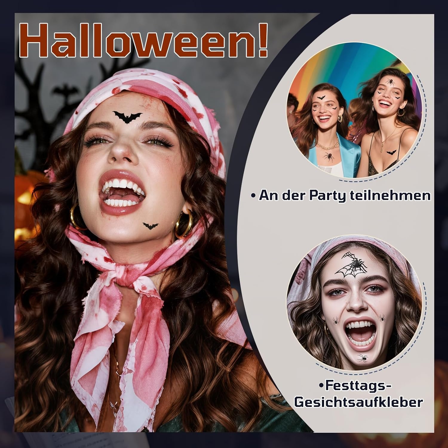 12 Sheets Face Tattoo Carnival, Large Size Bat Spider Tattoo, Adults Children Halloween Fancy Dress Tattoo Witch Accessories for Carnival Make-Up Halloween Masquerade Party - Bat image number 5