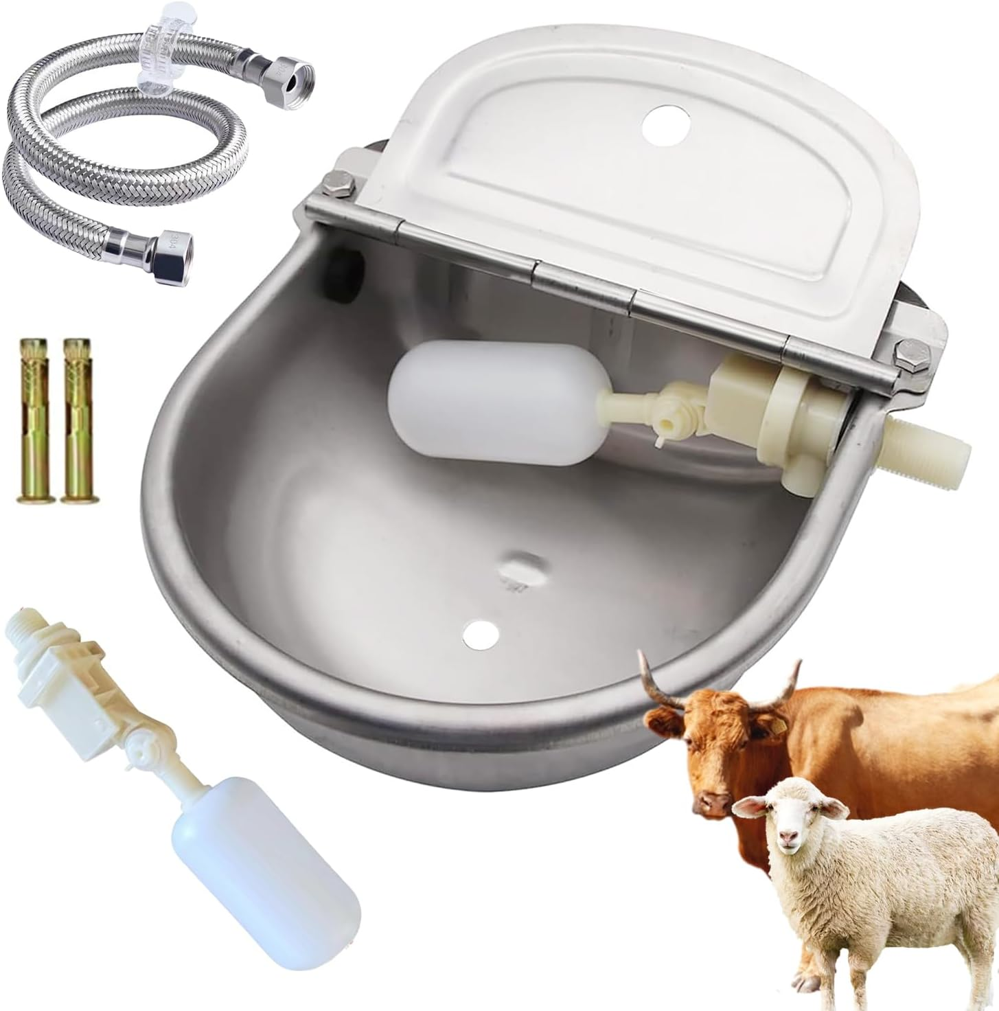 Automatic Livestock Waterer, 2.5L Durable Cattle Automatic Water Bowl-Dog Water Dispenser, 304 Stainless Steel Auto-Filling Waterer for Horses Sheep Cow Needed Farm Animal Waterer with Drainage image number 1