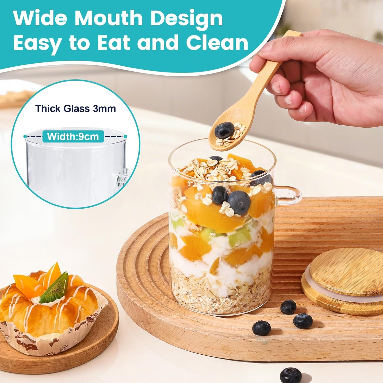 Feshory 4 Pack (500Ml /16.9Oz) Overnight Oats Containers with Lids and Spoons - Wide Mouth Glass Jar, Meal Prep Containers for Yogurt, Breakfast, Salad, Fruit, Chia Pudding (4X500Ml)