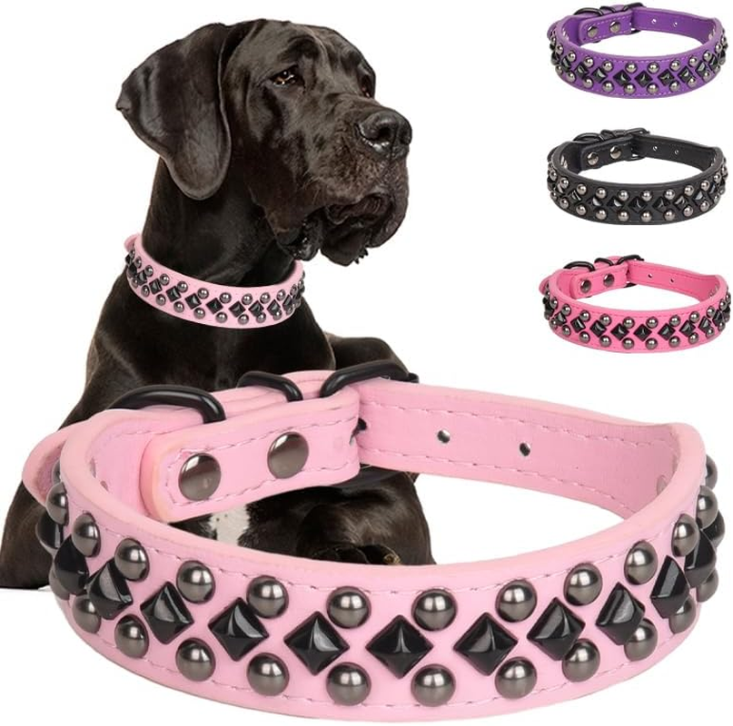 Serijoars Spiked Studded PU Leather Dog Collar for Small, Medium, Large Breeds, Pit Bull, Bully, Husky, Terrier, Adjustable (Hot Pink, L (41-47CM))
