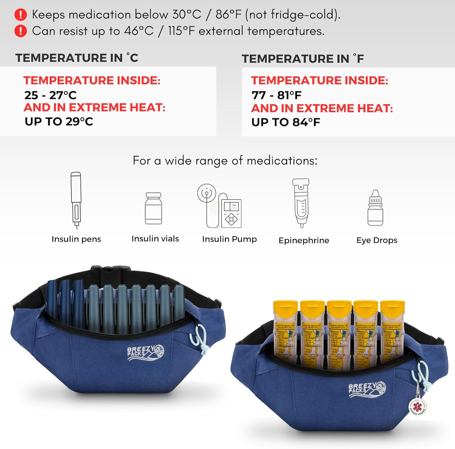 Insulin Cooler Travel Case | Epipen Carry Case | Insulin Travel Case Tsa-Approved | Self-Recharge, No Electricity or Refrigeration | Breezypacks | Keep Medicine at Room Temp. | Breezy Belt (Navy) - Red image number 4