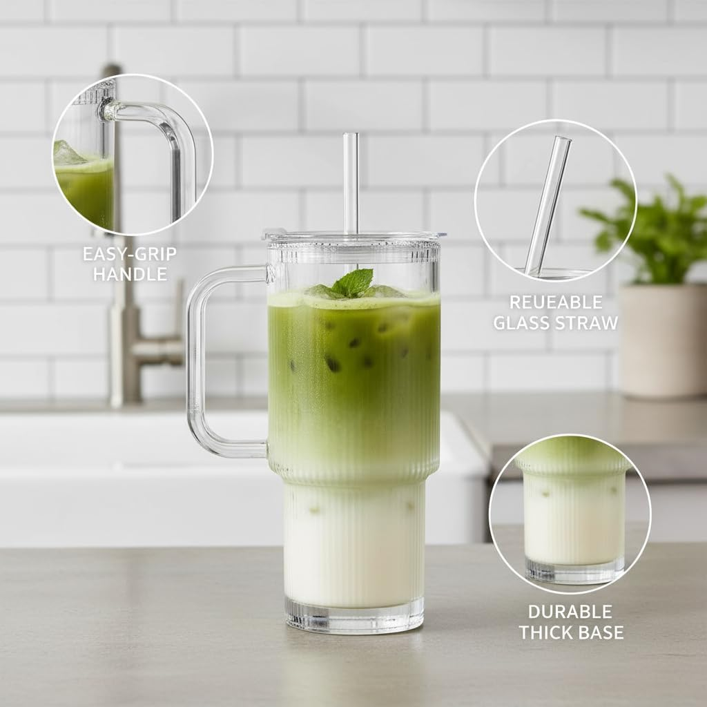 Sorlaarti Leakproof Glass Tumbler with Handle 500ML, 2 Pack Large Capacity Iced Coffee Cup, Clear Glass Cups with Lids and Straws Compatible for Travel, Home, Office, and Car image number 3