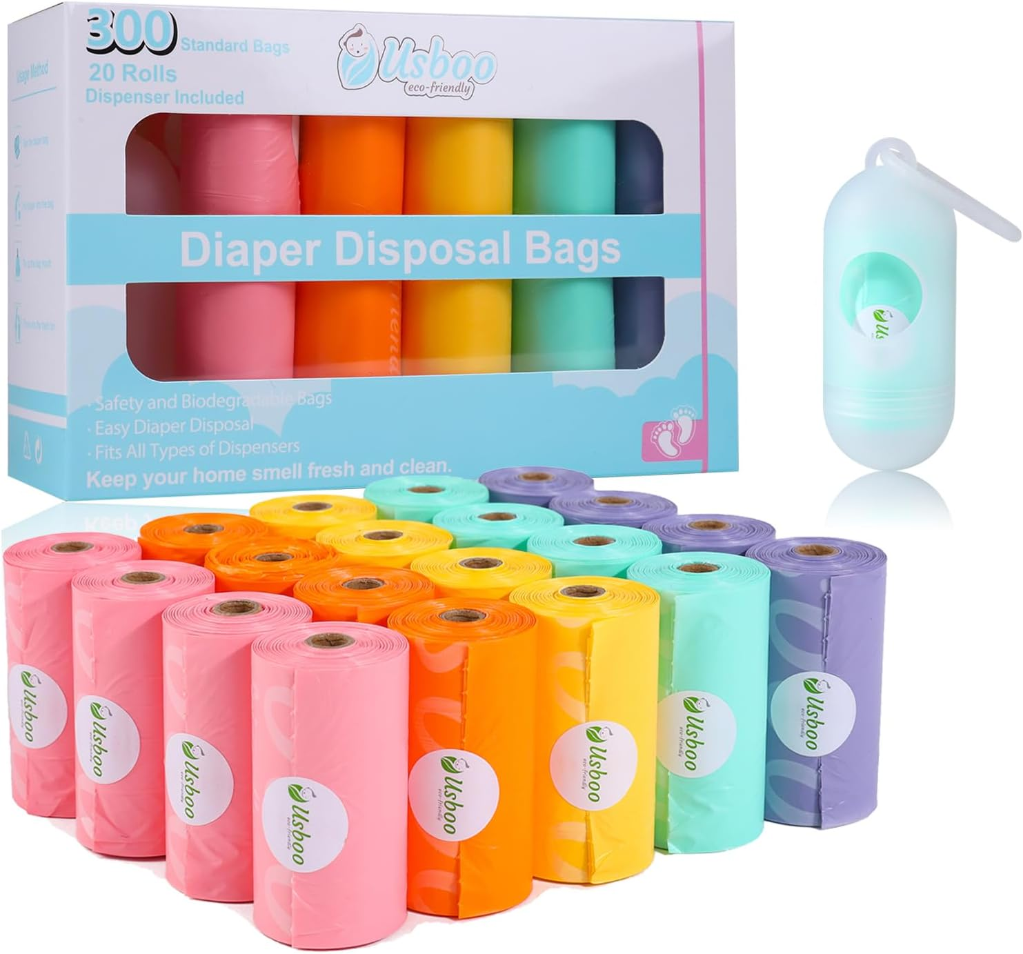 Diaper Bags Disposable for Baby, 20 Refill Rolls/300 Bags Waste Bags with Dispenser, Convenient and Quick Diaper Disposal, Rainbow image number 2