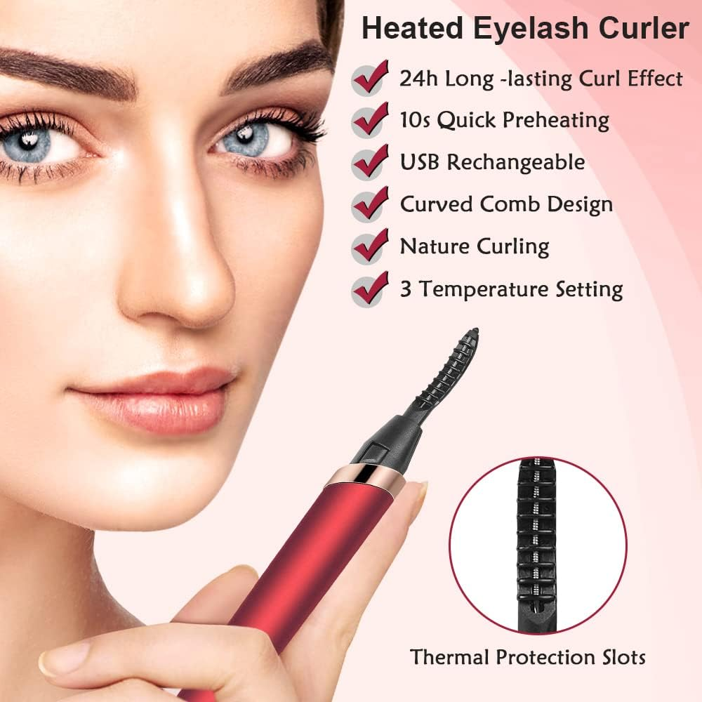 Heated Eyelash Curler, Rechargeable Electric Eyelash Curlers, Portable Lash Curler with Eyelash Comb for Eye Lash Quick Natural Curling and Long Lasting -3 Temperature Gear (2020 NEW Version) - Red image number 1