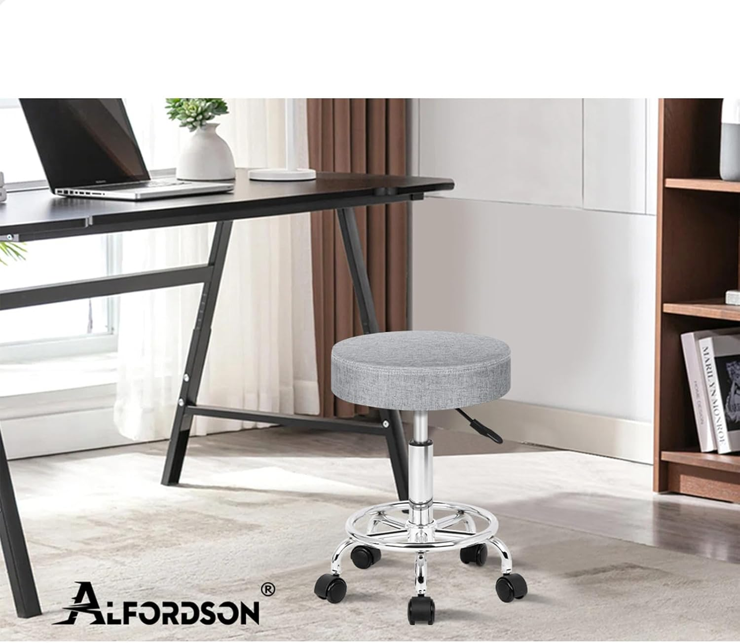 ALFORDSON Salon Stool Kori round Swivel Drafting Rolling Stools in 51.5-68.5Cm Height Adjustable Fabric Spa Stool with Footrest Wheels Backless Hair Dress Barber Chair for SPA Massage Light Grey