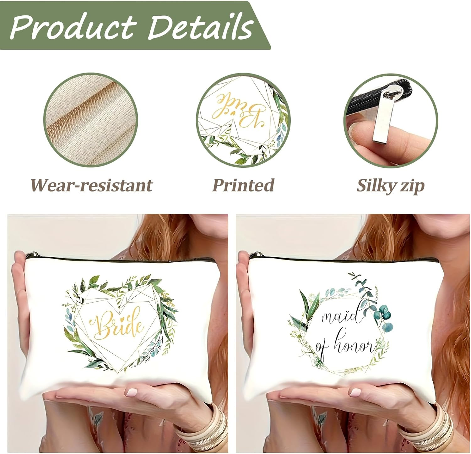 KASESSS Pack of 2 Bridal Cosmetic Bags, Women'S Travel Canvas Cosmetic Bag, Bride to Be Gifts, Make up Bag Gifts for Girlfriends, Bride and Bridesmaids, White, 22.5 X 15 Cm image number 4