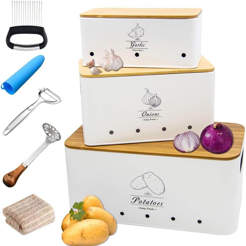 8PCS Kitchen Vegetable Storage Containers,Potato and Onion Garlic Storage Bin with Peeler,Slicer,Masher,Garlic Press & Cloth, Carbon Steel Potato Storage Box with Airflow & Wooden Lid (White)