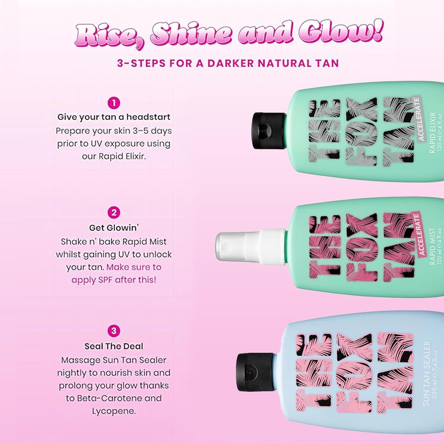 The Fox Tan Triple Threat Bundle, Hydrating Natural Tanning Accelerators for Deeper & Darker Tans, Vegan & Cruelty Free, 120Ml X2 + 220 Ml (3 Pieces) image number 3