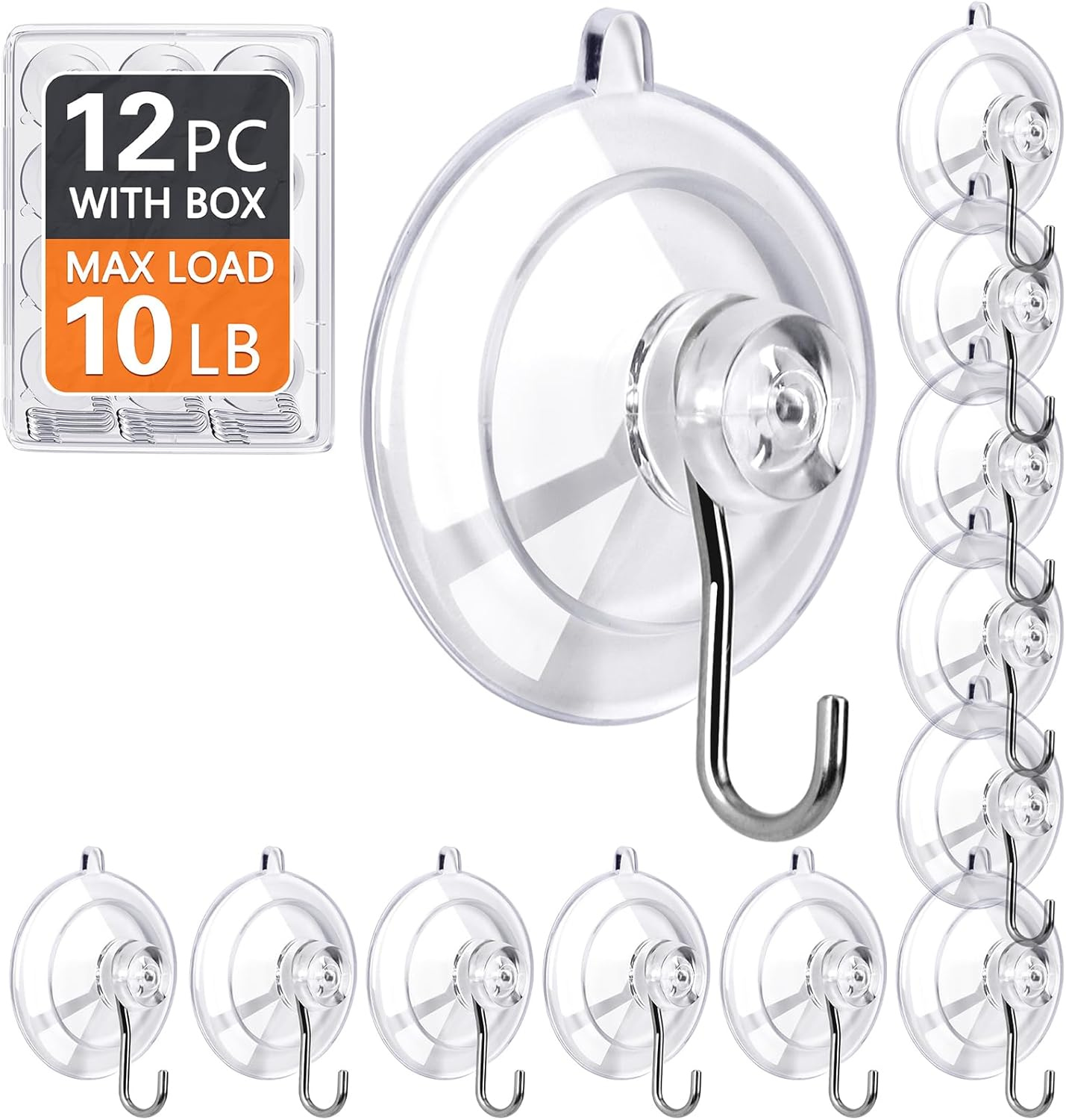 KORCCI Suction Cup Hooks 12Pack - Max Load 10LB, 1.77Inch Clear Small Suction Cups, No Trace, Reusable & Removable, Stainless Steel Hooks, for Tile, Glass, Window, Shower, Kitchen, Bathroom image number 1
