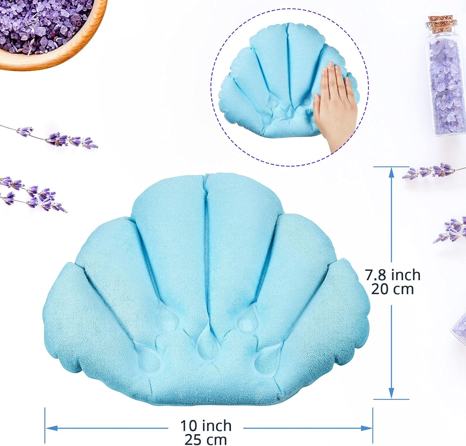 2 Pieces Inflatable Bath Pillow with Suction Cups, Terry Cloth Covered Bath Pillow Shell Shape Bathtub Spa Pillow Comfortable Soft Bath Cushion, Neck Support for Bathtub, Hot Tub, Home Spa Tub image number 2