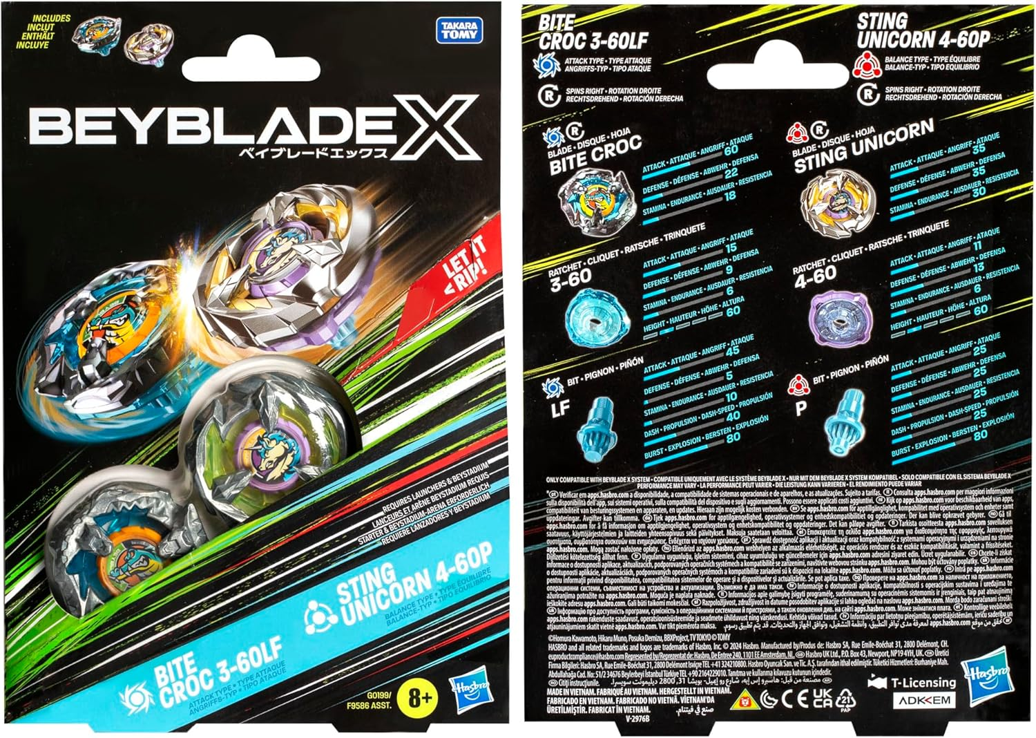 Hasbro Beyblade X Bite Croc 3-60LF and Sting Unicorn 4-60P Spinning Top Dual Pack, Set
