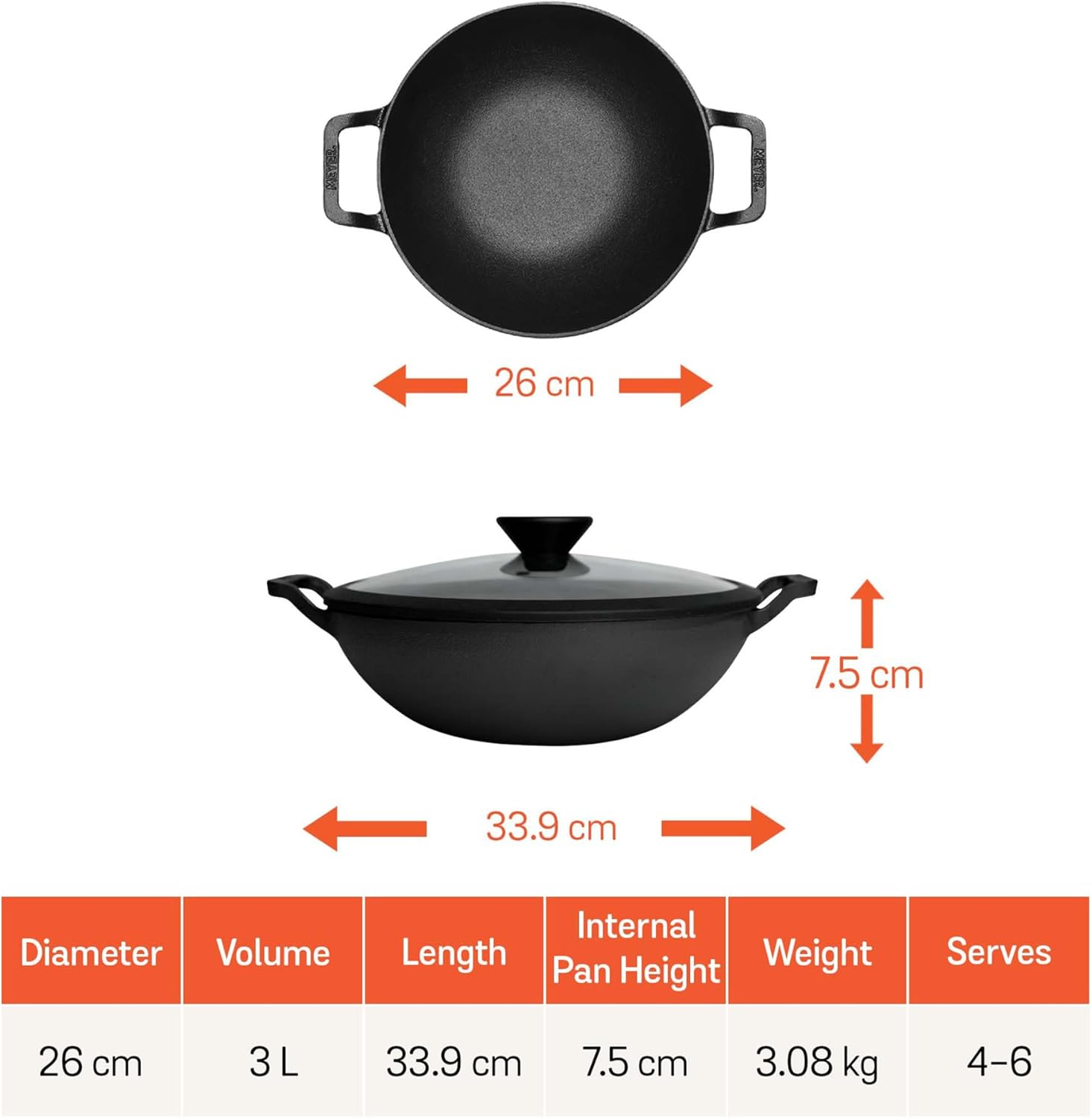 Meyer Pre-Seasoned Cast Iron Wok/Kadai 26Cm with Lid, Induction Compatible, Oven Safe, Heavy-Duty Skillet for Curries & Stir-Fries, Toxin-Free, Campfire Ready, Black image number 5