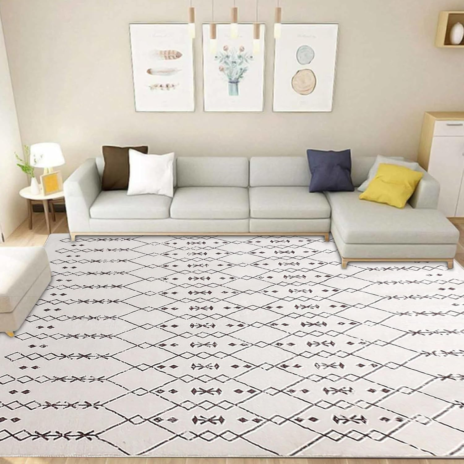Moroccan Area Rugs 200X250Cm Living Room Rugs Modern Abstract Rug Geometric Carpet Non-Slip Short Pile Rug Large Rugs for Living Room Soft Bedroom Area Rug (Beige/Ivory) image number 1