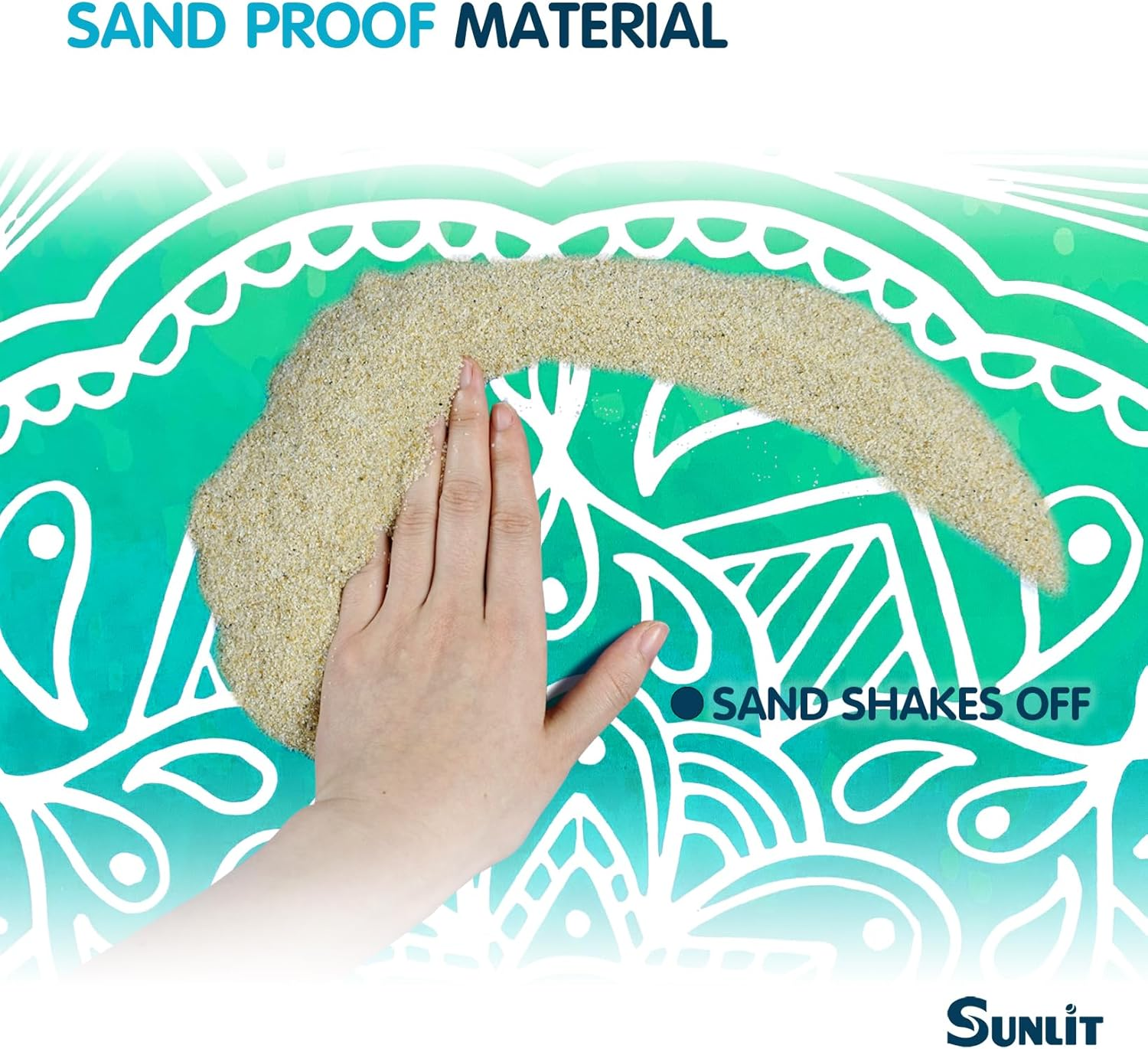 Sunlit 10'X9' Extra Large Boho Sand Proof Beach Blanket, Sand Proof Mat with Corner Pockets and Mesh Bag for Beach Party, Travel, Camping and Outdoor Music Festival, Bright Turquoise Mandala image number 6
