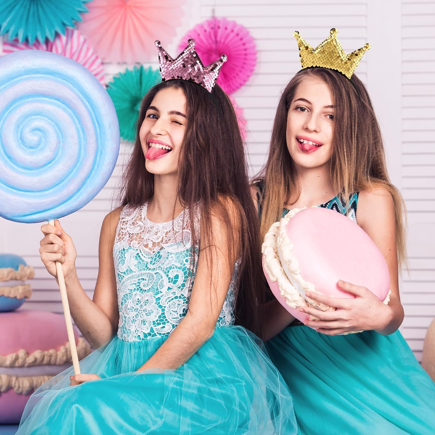 Yuannee Sequin Crown Headband,2 PCS Glitter Crowns Hair Band Princess Girls Shiny Crown Hair Band Halloween Christmas Glod Hair Hoop for Girls Women Birthday(Pink) image number 4