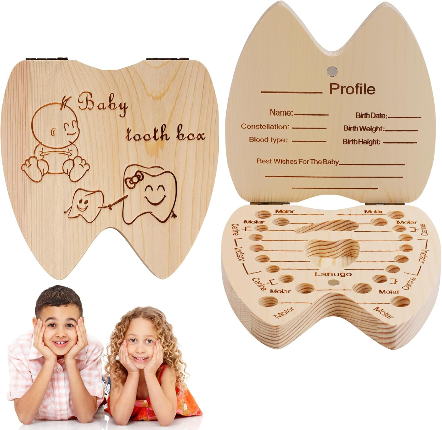 Tooth Fairy Box with Tooth Fairy Bag,Wooden Baby Keepsake Box,Baby Teeth Storage Box for Lost Teeth,Newborn Wood Case for Boys Girls Gift（Fairies）
