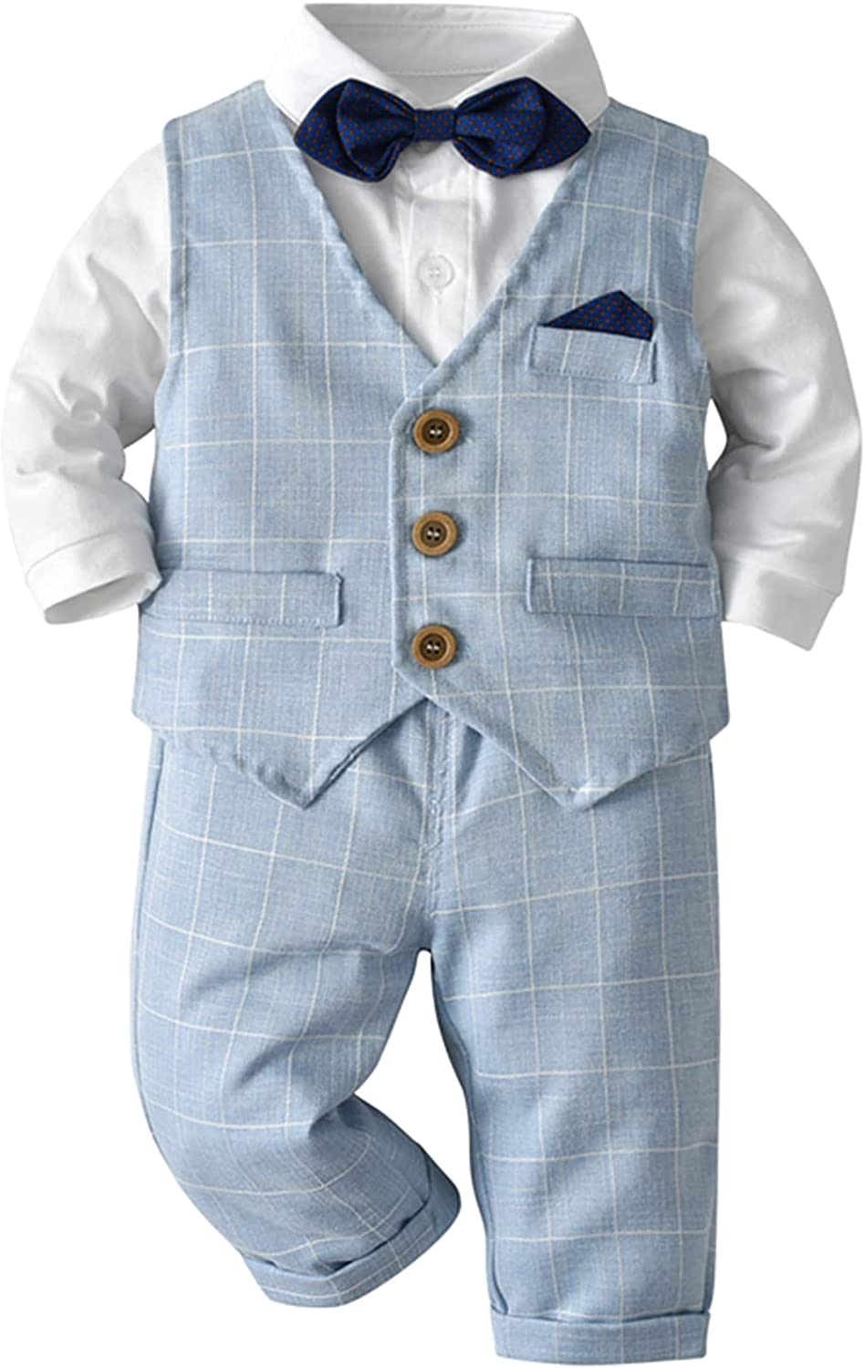 Amokk Baby Boy Formal Outfits White Shirt + Plaid Waistcoat + Pants + Bowtie 4Pcs Gentleman Clothing Set for 1St Birthday