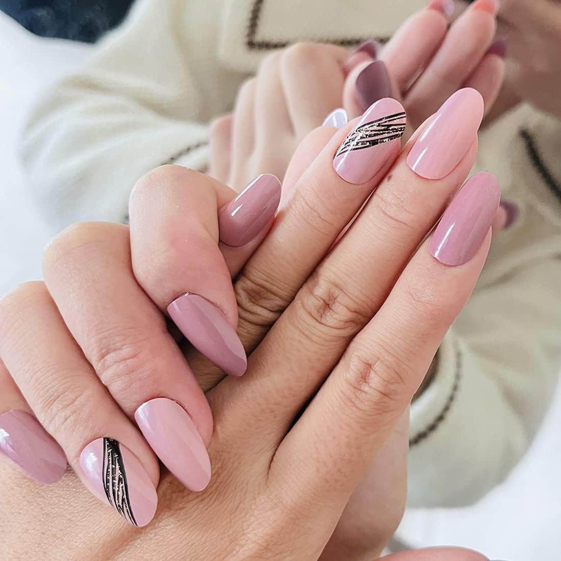 Almond Oblique Gold Thread French Designs 24 Pcs Cute Pointed Oval Shape Press on Nails Pink Full Coverage Short Length Fake False Nails, Art for Women and Girls Stick on Nails