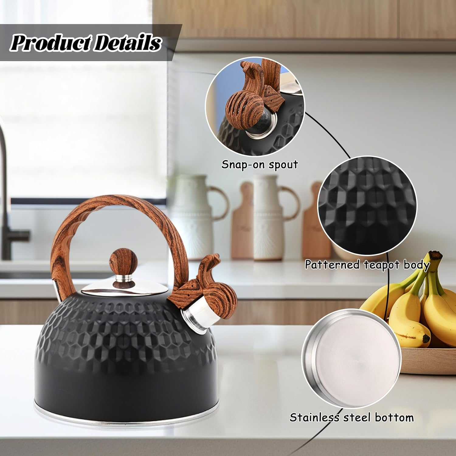 Whistling Tea Kettle Stovetop, 85 OZ / 2.5 Liter Stainless Steel Stove Gas Induction Teapot, Quick Heating Automatic Whistle Teapots Stove Teapots Stove Teapot, Black image number 4