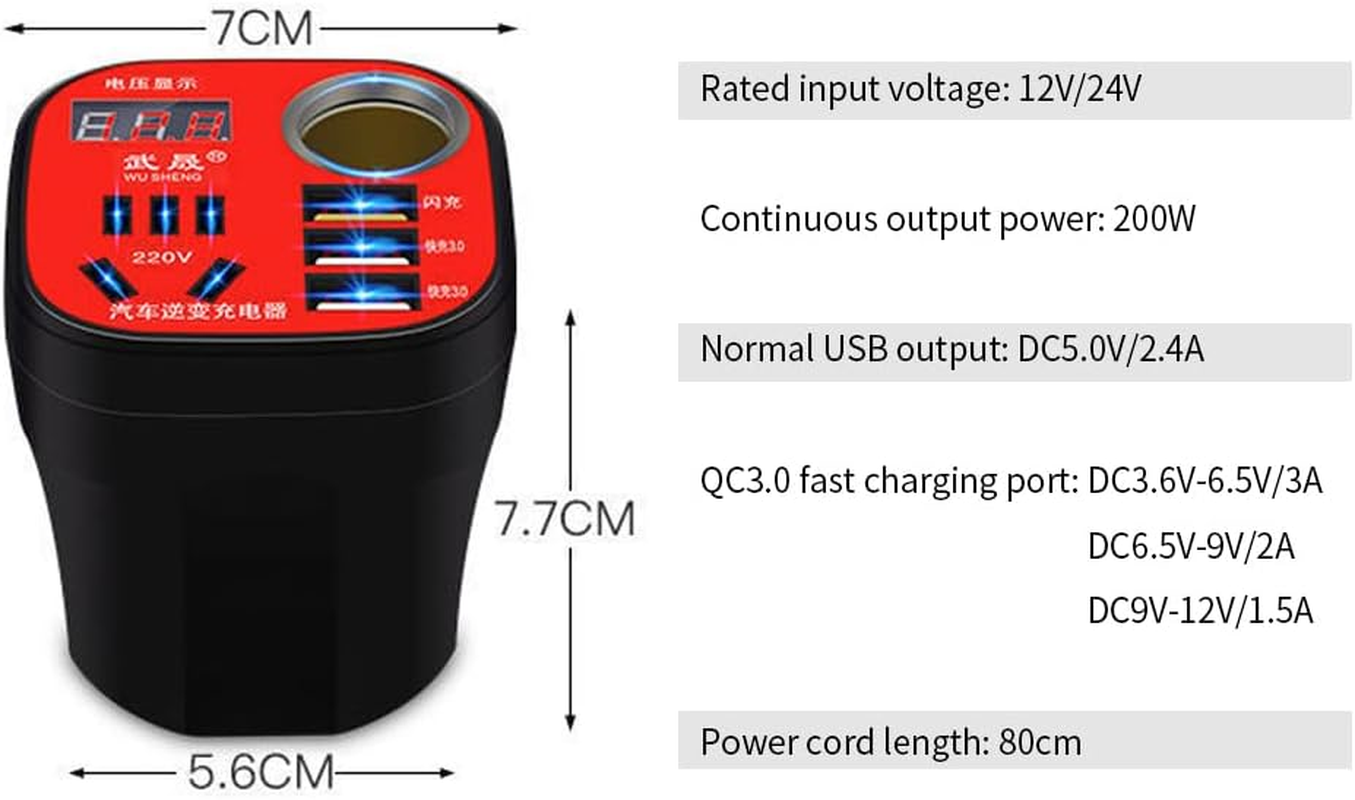 LAPOOH Car Mounted Inverter Converter QC 200W Car Power Inverter 5-In-1 12V24V to 220V Multifunctional QC3.0 Flash Charging image number 4