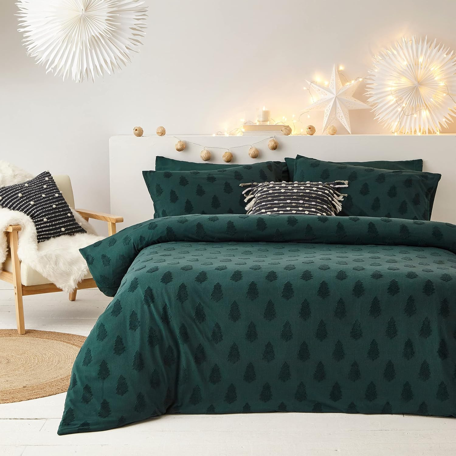 The Linen Yard Tufted Tree Percale Cotton Linen Duvet Cover Set, Pine Green, Super King image number 6