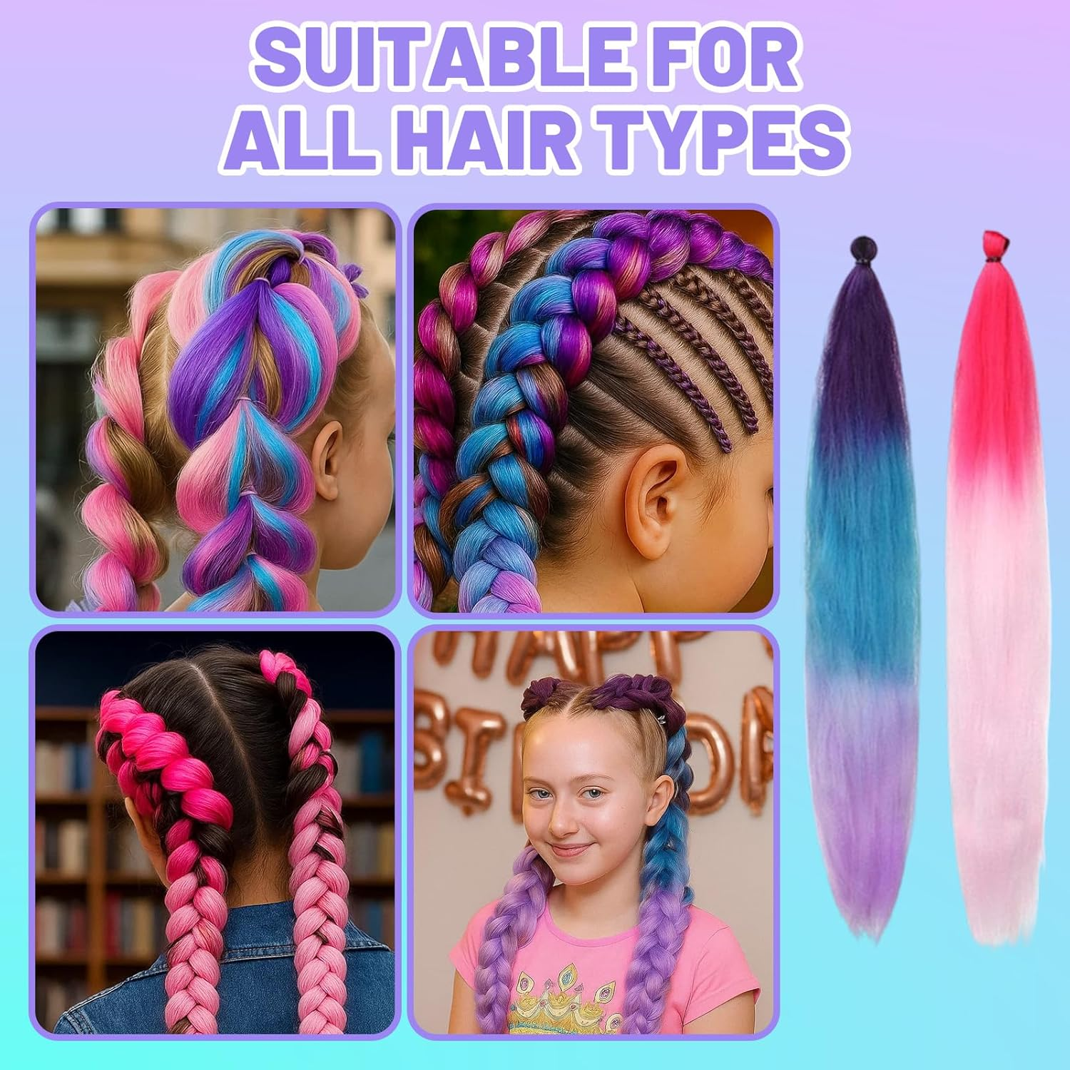 4 X Synthetic Hair for Braiding 70 Cm - Hair Strands for Braiding with Hair Ties, Braided Braid Extensions in Blue/Purple & Pink-Red, High-Quality Braids for Children, Party, Carnival and Holiday image number 1