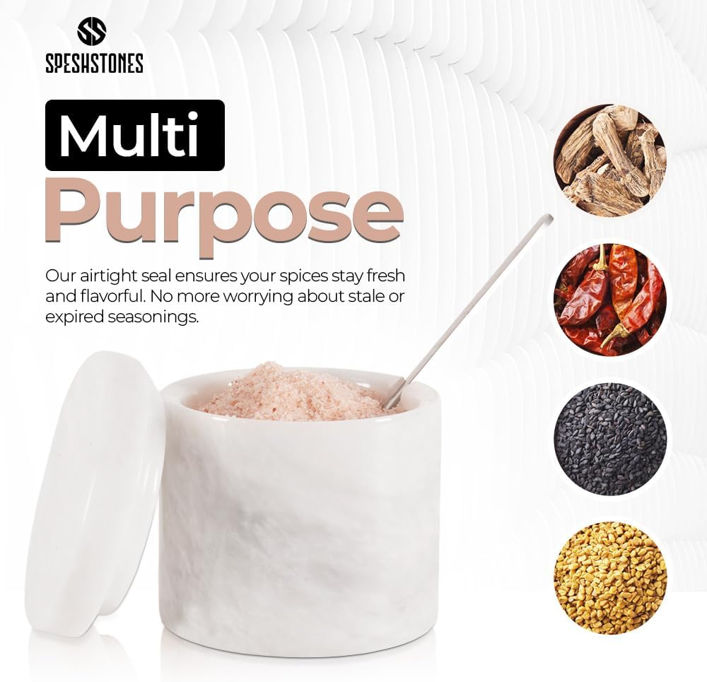 SPESHSTONES Marble Salt Cellar with Lid and Spoon 3'' Inches White Salt Container Handmade Spice Seasoning Containers for Kitchen Storage Accessories - Salt Box & Ideal Sugar Bowl, Flaky Salt Cellar