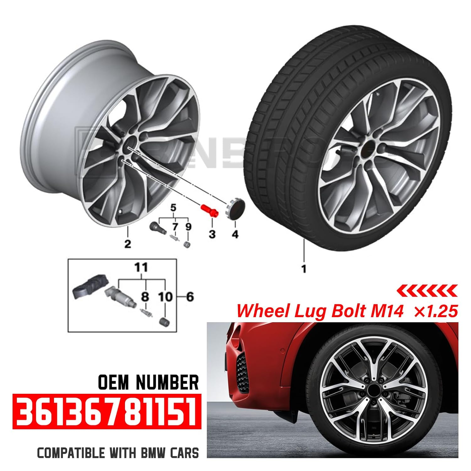 BINB Road 36136781151 Wheel Lug Bolt Nuts M14X1.25 Compatible with BMW MINI 118D 120D 218D 225D 318D 330D 330I 425D 428I 530D 550I M5 X1 X2 X3 X4 X5,5Pcs image number 1