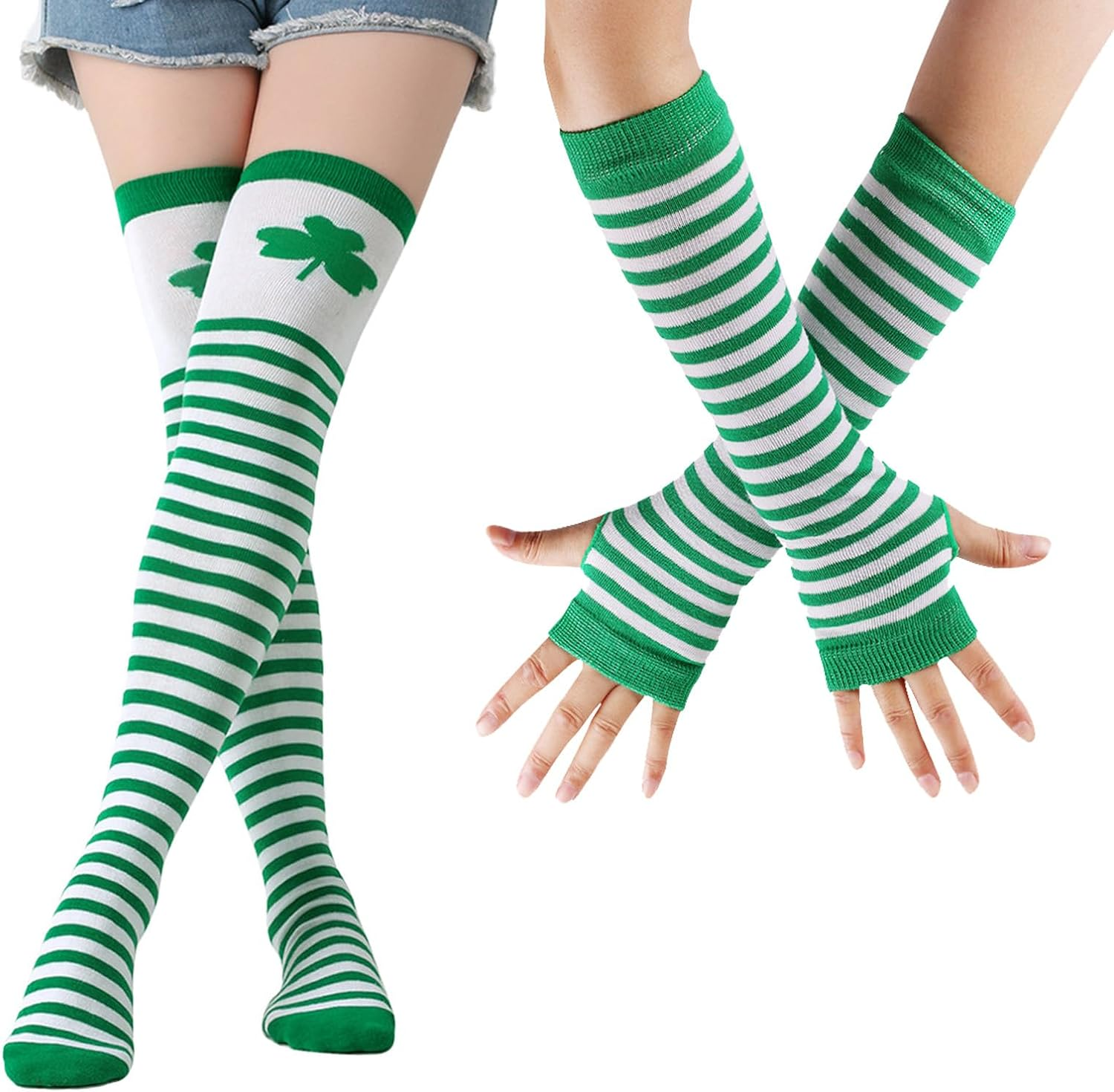 LERTREE over Knee Stockings Irish Party Socks & Green Stripe Fingerless Arm Warmer Gloves for St. Patrick&rsquo;S Day Costume for Women image number 4