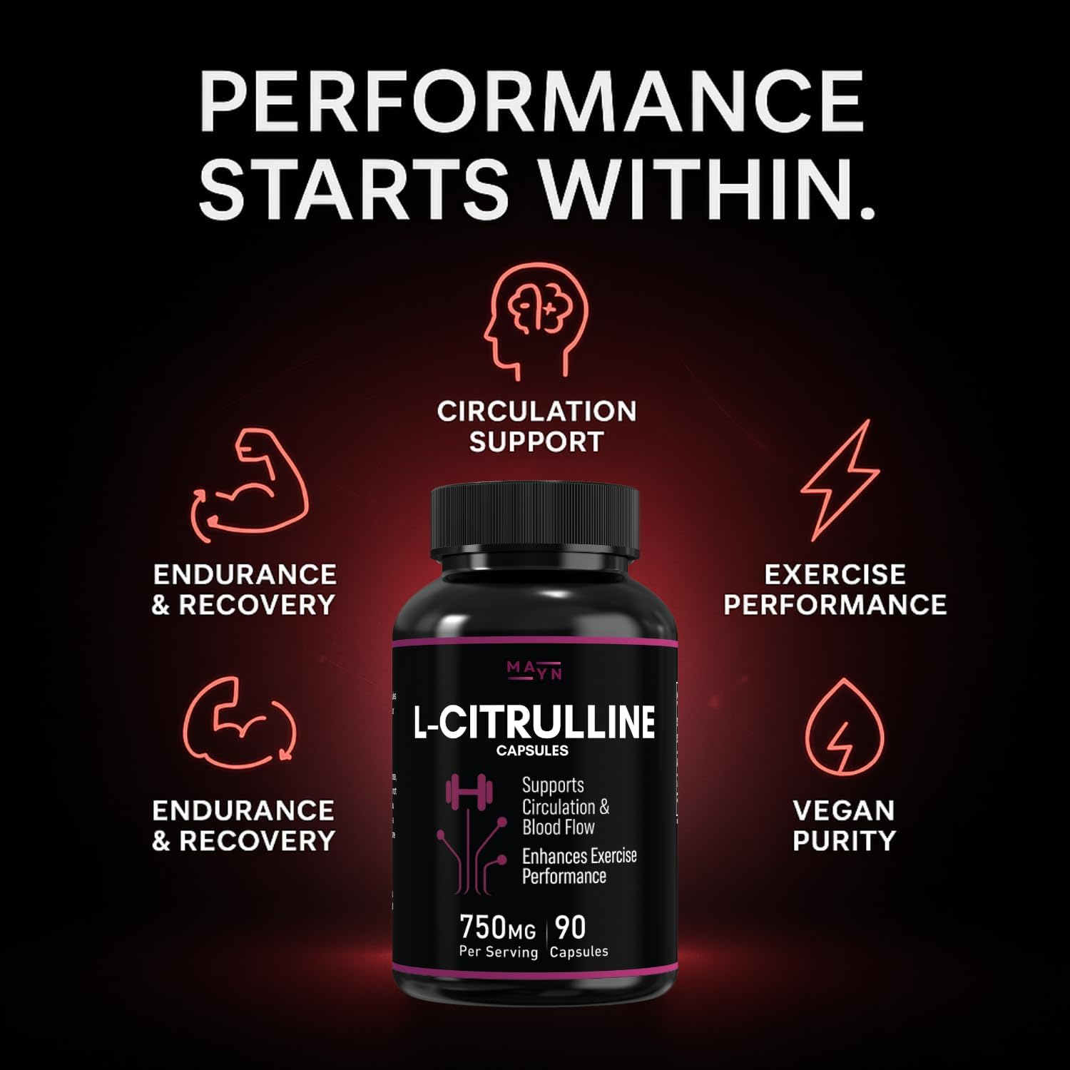 L-Citrulline 750Mg &ndash; Vegan Capsules | Pre-Workout Amino Acid | Non-Gmo, Gluten-Free, No Fillers | Circulation Formula by MAYN