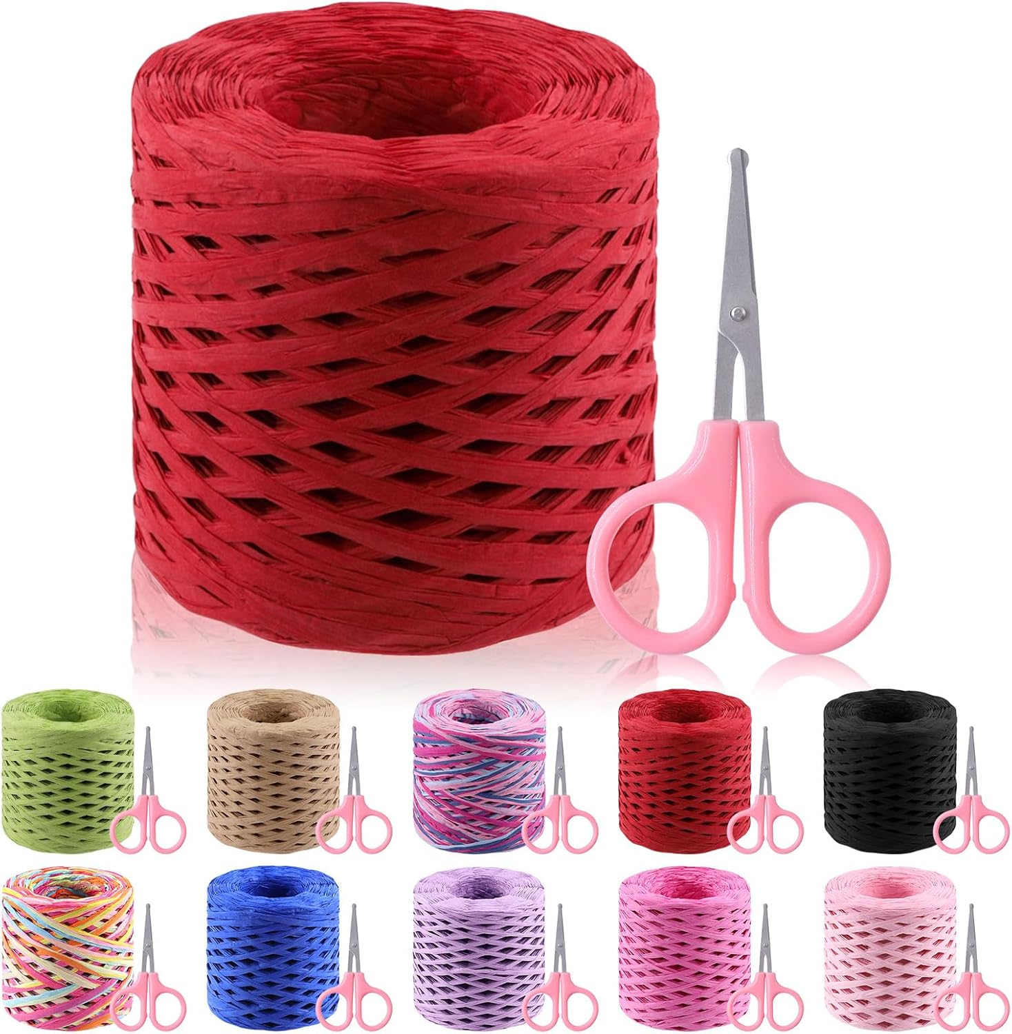 Glarks 200M Raffia Ribbon with Scissors Set, Red Paper Craft String, Natural Kraft Packing Twine for Gift Wrapping and Crafting Supplies - Black image number 2
