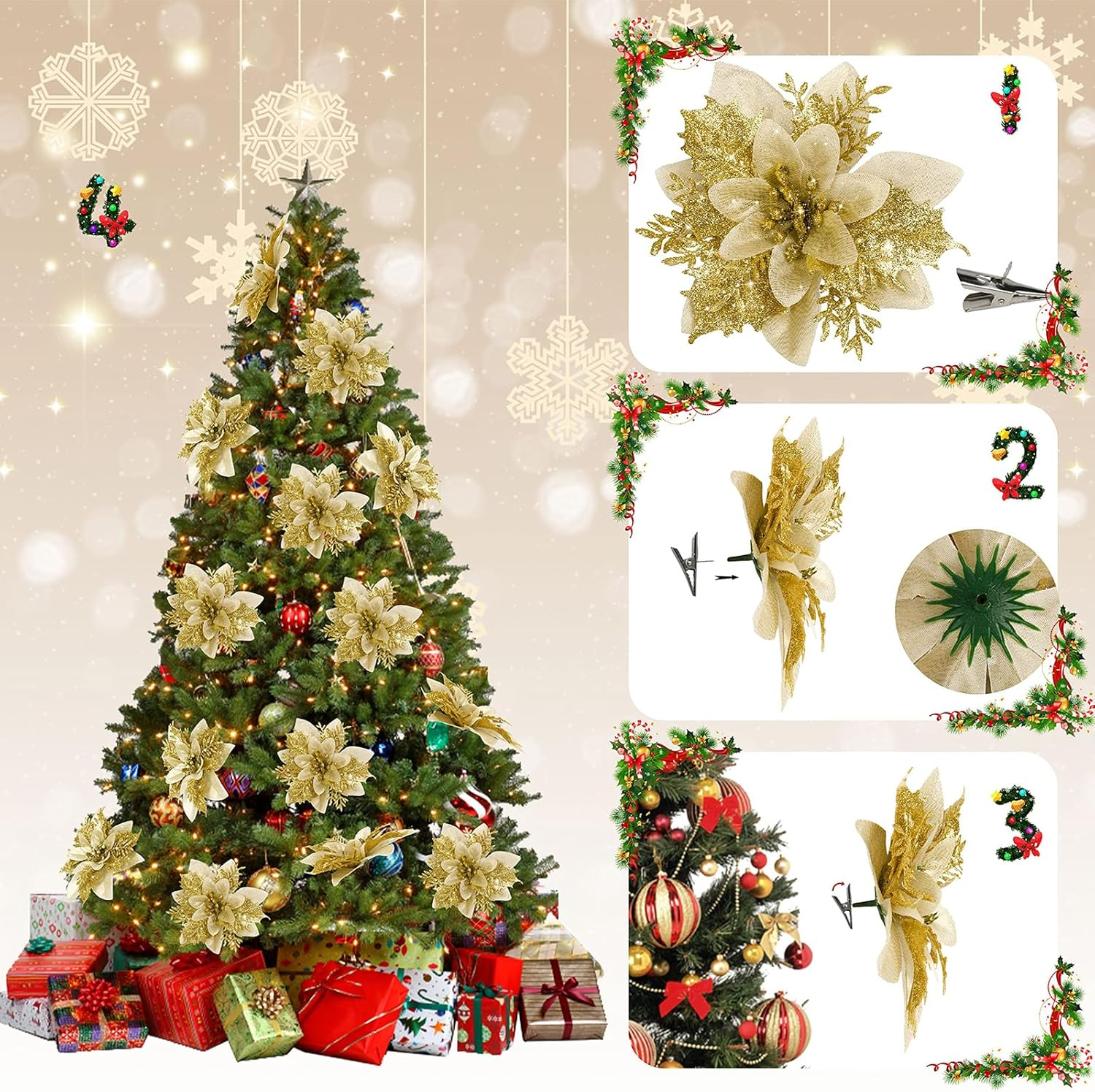 CQLITI 20PCS Artificial Poinsettia with Clips, 5M LED Light, Christmas Decor, Glitter Poinsettia, Red, Plastic, Flowers, Christmas Tree, Wreath, DIY, Xmas, Holiday, Home, Party Decor image number 3