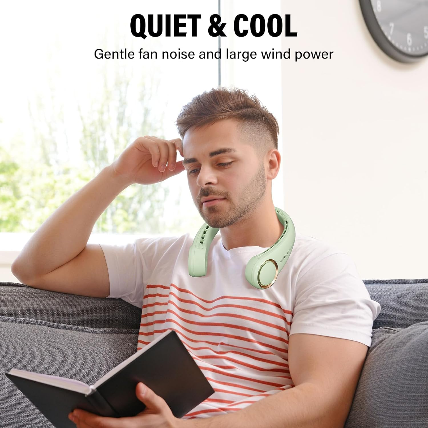 Morelax Neck Fan, USB Rechargeable Personal Fan, 3 Speeds Adjustable, Large Air Outlet Powerful Strong Wind, Adjustable, 360&deg; Cooling, Super Quiet, No Blade Design, No Hair Twisting, Small (Green)