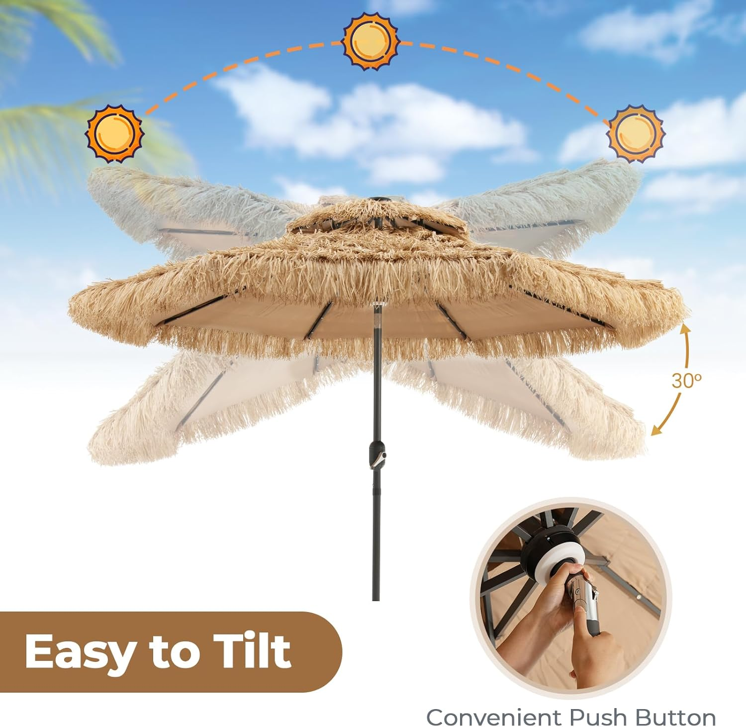 Costway 32 LED Hula Thatched Tiki Umbrella, Solar Powered Hawaiian Style Beach Umbrella with 8 Ribs, 30&deg; Tilt & Crank, Outdoor Market Umbrella for Tropical Palapa, Tiki Bar, Patio, Garden & Poolside, Natural image number 4