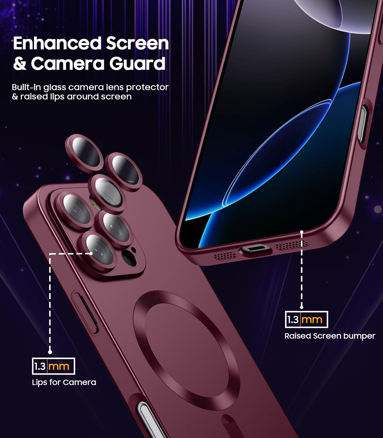 LEKEVO Magnetic for Iphone 16 Pro Max Case [Compatible with Magsafe][Built-In Camera Lens Protector] Slim Soft Silicone Bumper Shockproof Metallic Luster Phone Case (Burgundy)