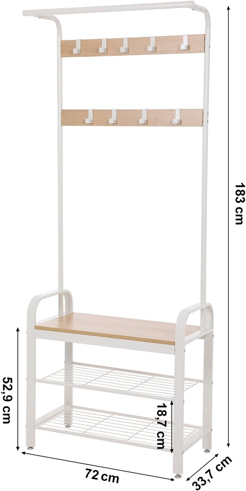 VASAGLE Coat Rack, Coat Stand with Shoe Storage Bench, 4-In-1 Design, with 9 Removable Hooks, a Clothes Rail, for Hallway, Entrance, 33.7 X 72 X 183 Cm, Modern, Oak and Cream HSR40W - Black image number 2